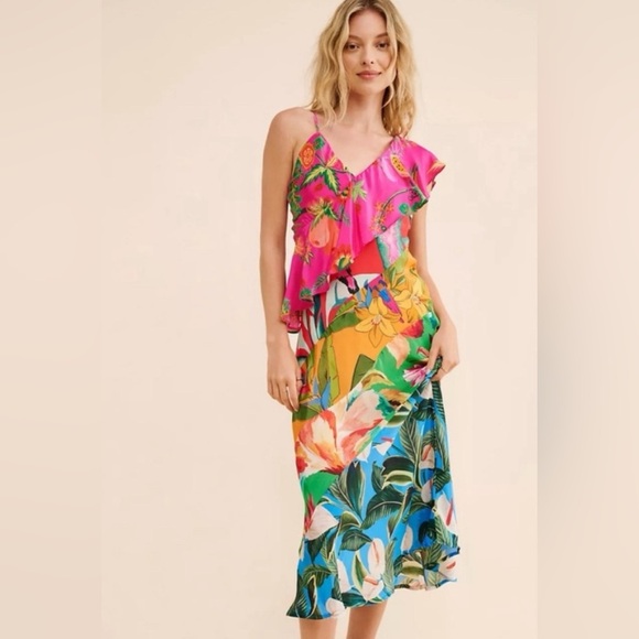FARM Rio Dresses & Skirts - Farm Rio Mixed Flowery Ruffle One Shoulder Midi Dress Tropical Floral Pink